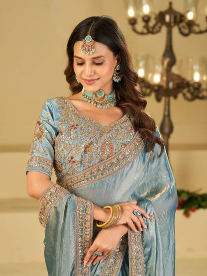 Sky Blue Designer Fendy Satin Saree with Heavy Embroidered Blouse & Stone Work Border | Premium Wedding Party Wear Saree