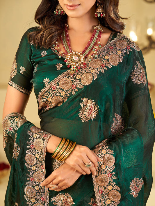 Emerald Green Designer Fendy Satin Saree with Heavy Floral Embroidery Work | Premium Wedding & Party Wear Embroidered Saree with Blouse