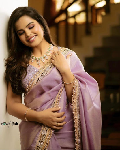 Silver Tissue Silk Designer Embroidery Saree Collection