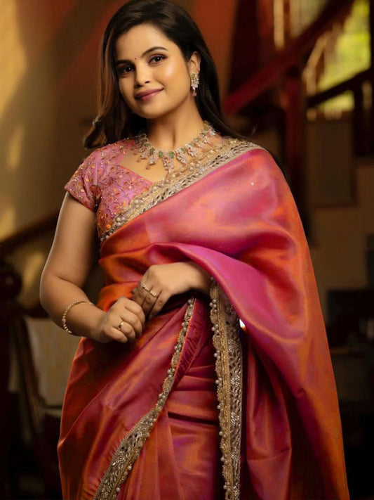 Silver Tissue Silk Designer Embroidery Saree Collection