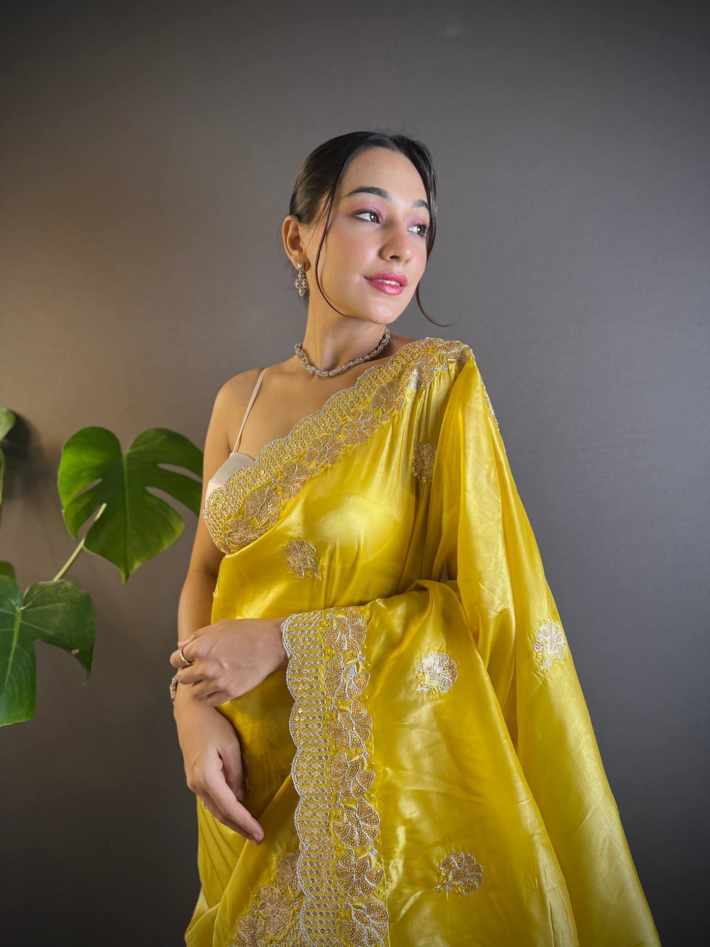 Gold Crunchy Saree With Sequins Embroidery And Cut Work