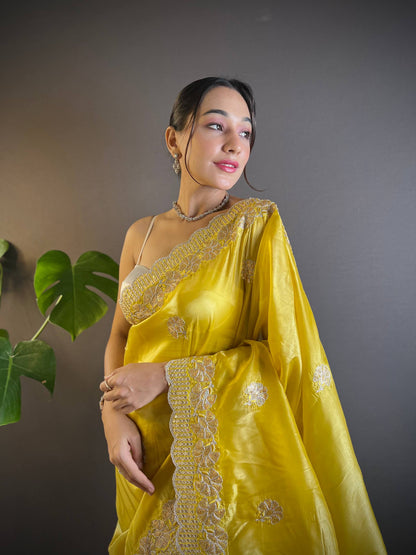 Gold Crunchy Saree With Sequins Embroidery And Cut Work