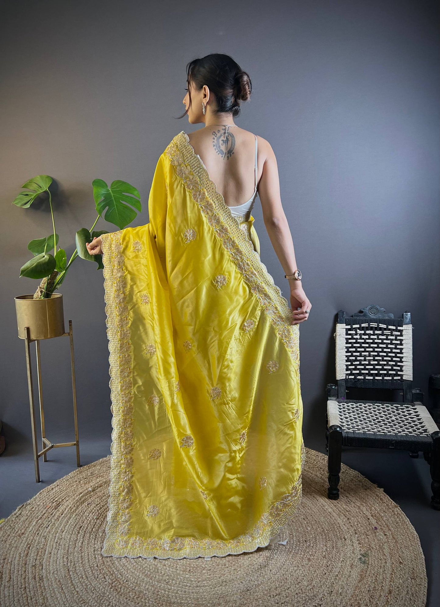 Gold Crunchy Saree With Sequins Embroidery And Cut Work