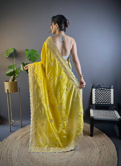 Gold Crunchy Saree With Sequins Embroidery And Cut Work