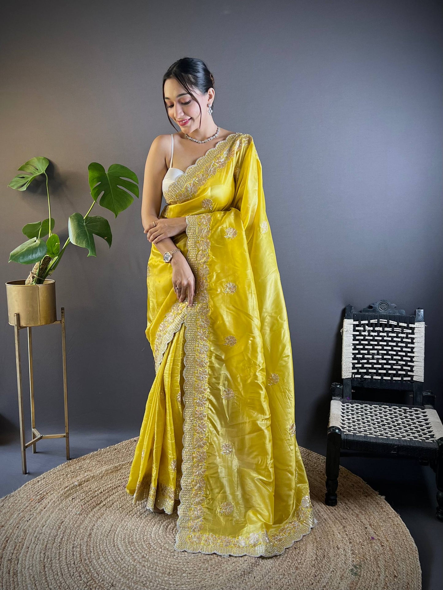 Gold Crunchy Saree With Sequins Embroidery And Cut Work