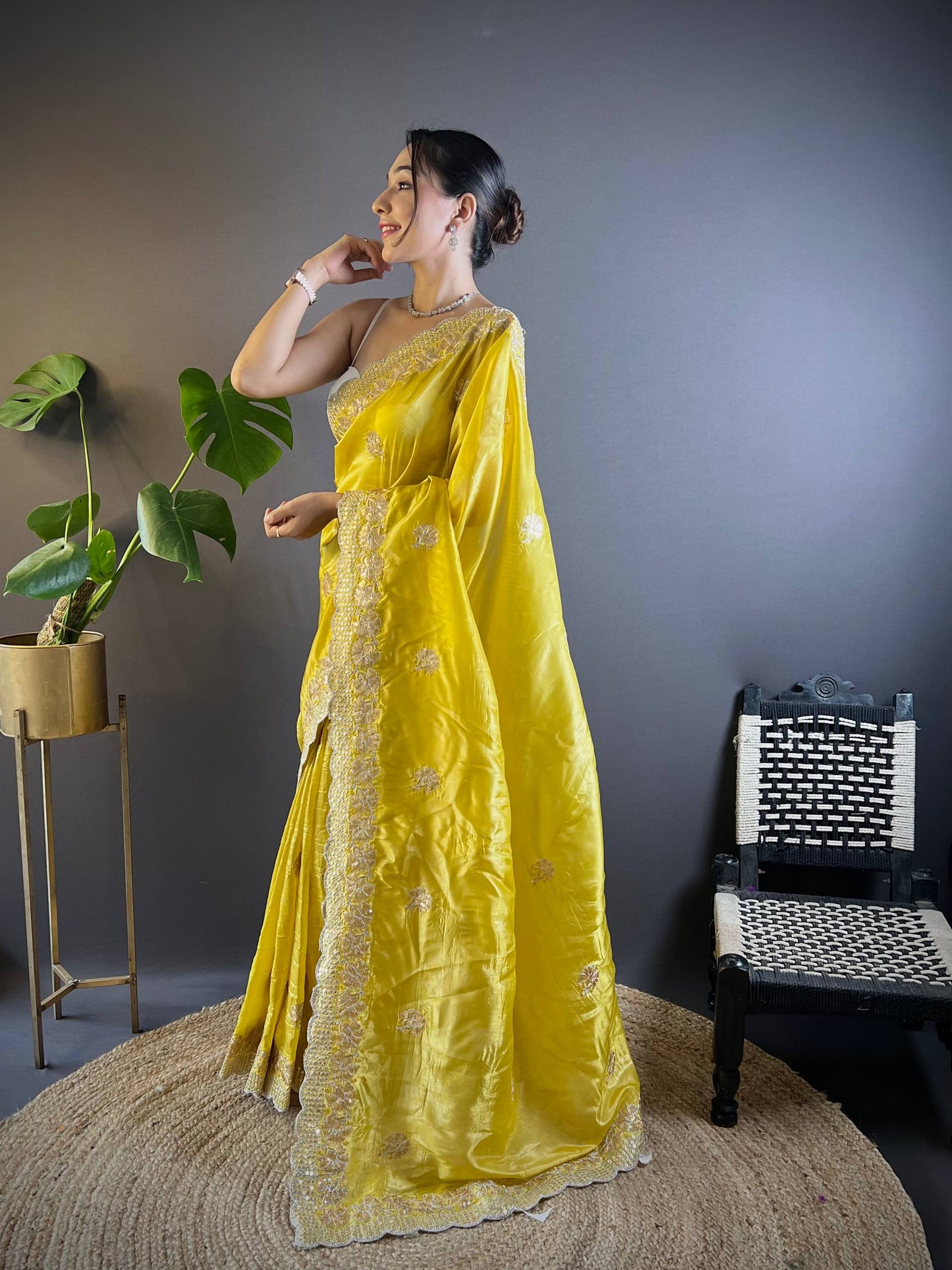 Gold Crunchy Saree With Sequins Embroidery And Cut Work