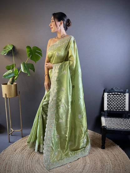 Gold Crunchy Saree With Sequins Embroidery And Cut Work