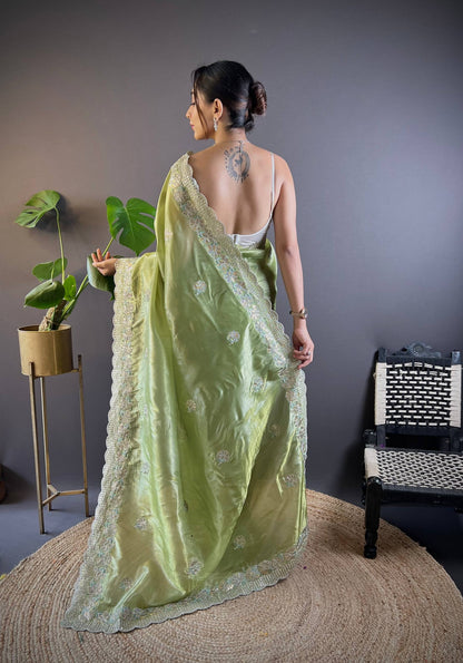 Gold Crunchy Saree With Sequins Embroidery And Cut Work