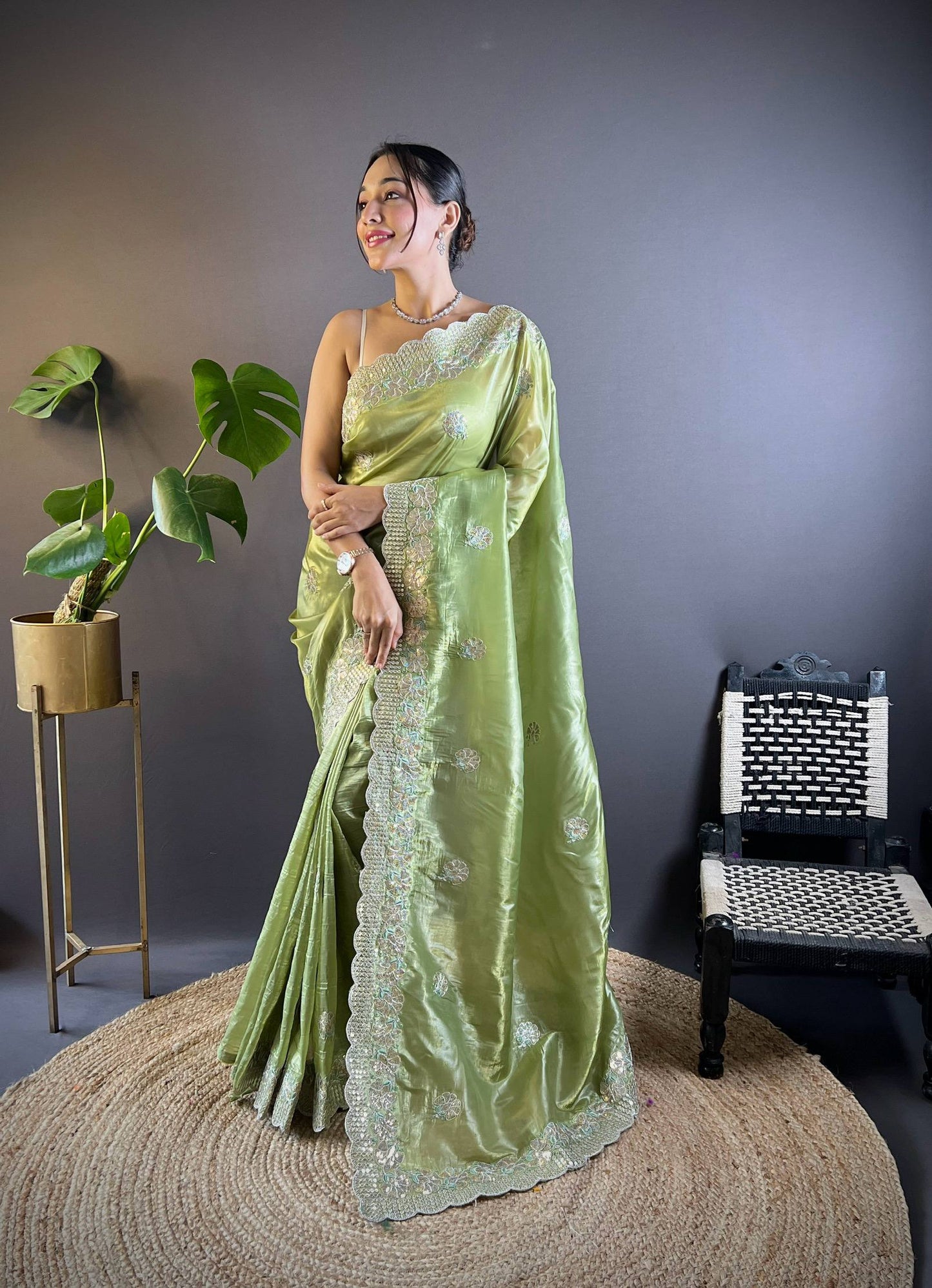 Gold Crunchy Saree With Sequins Embroidery And Cut Work