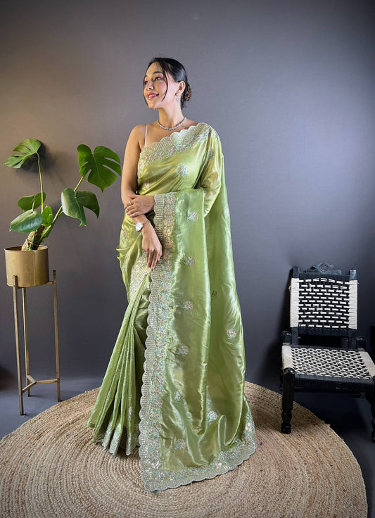 Gold Crunchy Saree With Sequins Embroidery And Cut Work