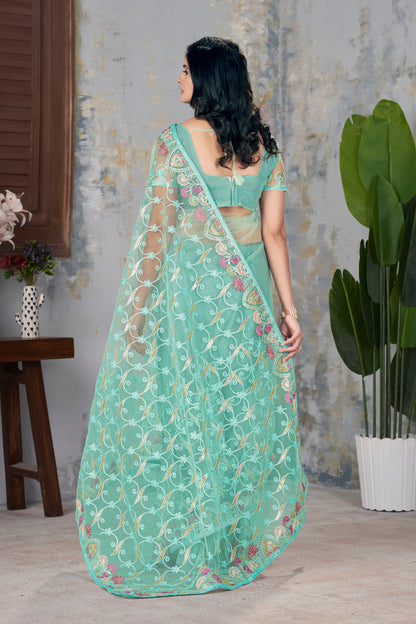 Butterfly Net Graceful Embroidery Work Partywear Saree