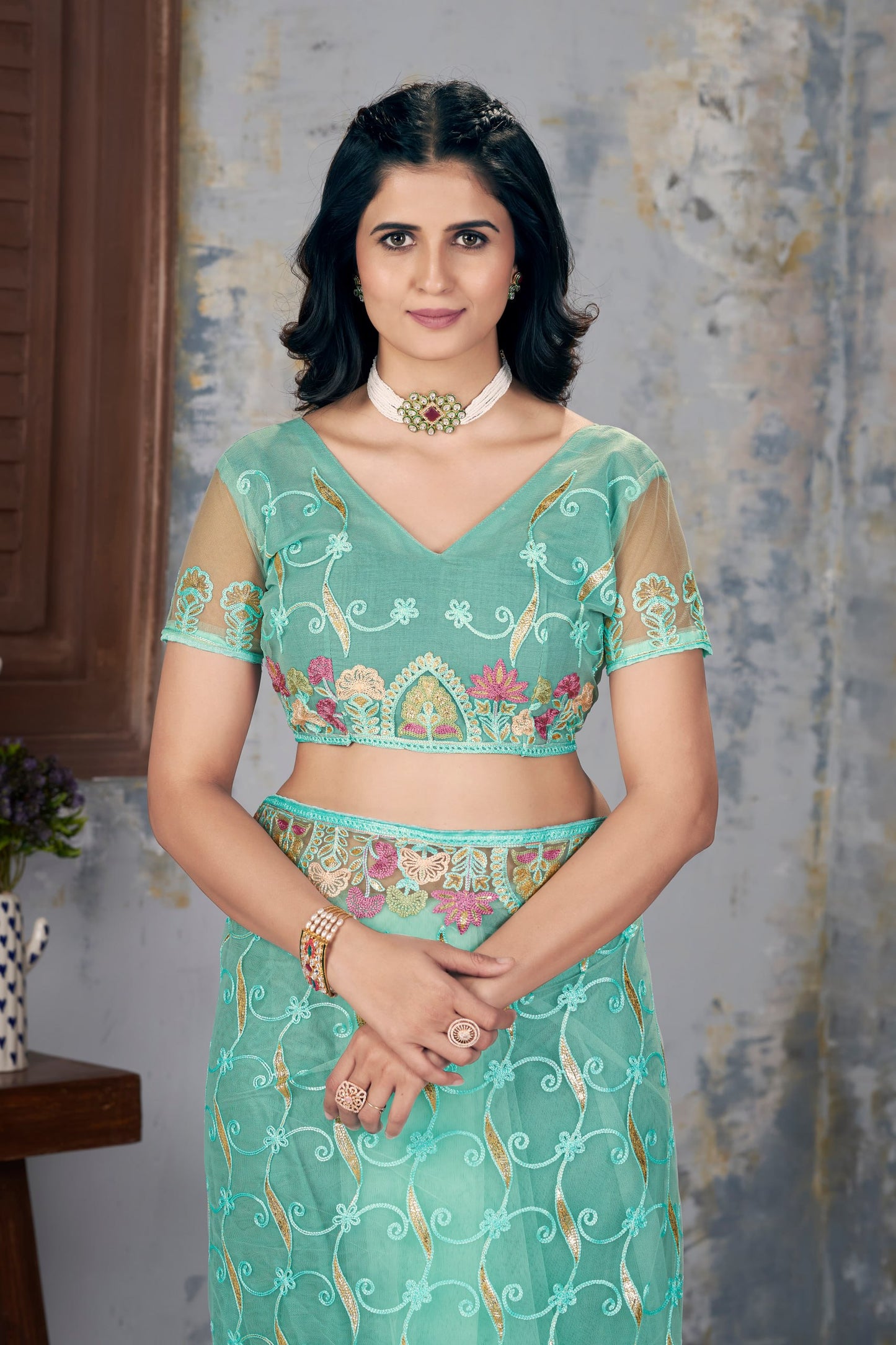 Butterfly Net Graceful Embroidery Work Partywear Saree