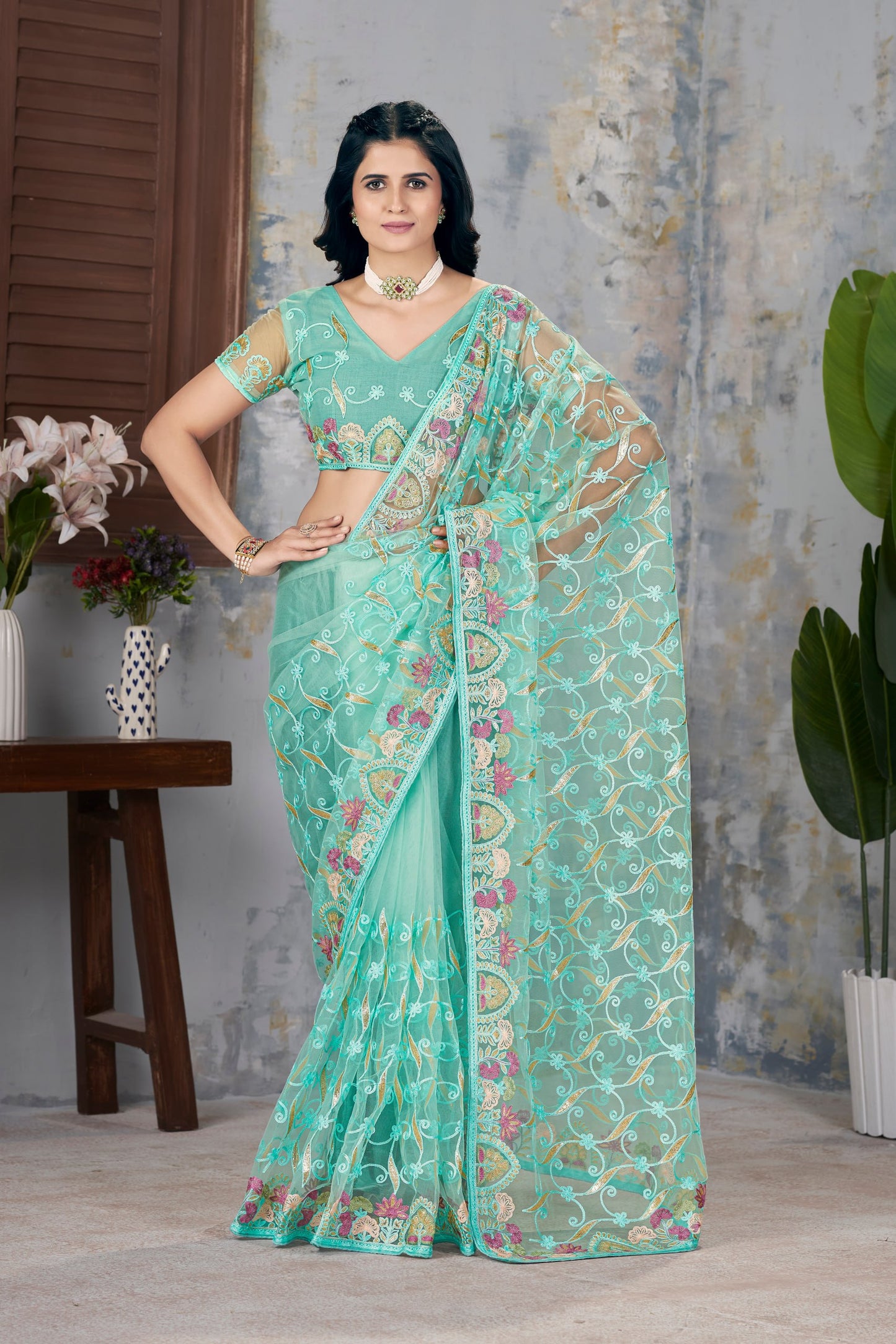 Butterfly Net Graceful Embroidery Work Partywear Saree