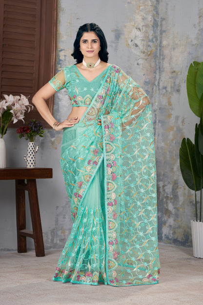 Butterfly Net Graceful Embroidery Work Partywear Saree