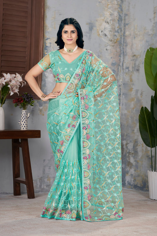 Butterfly Net Graceful Embroidery Work Partywear Saree