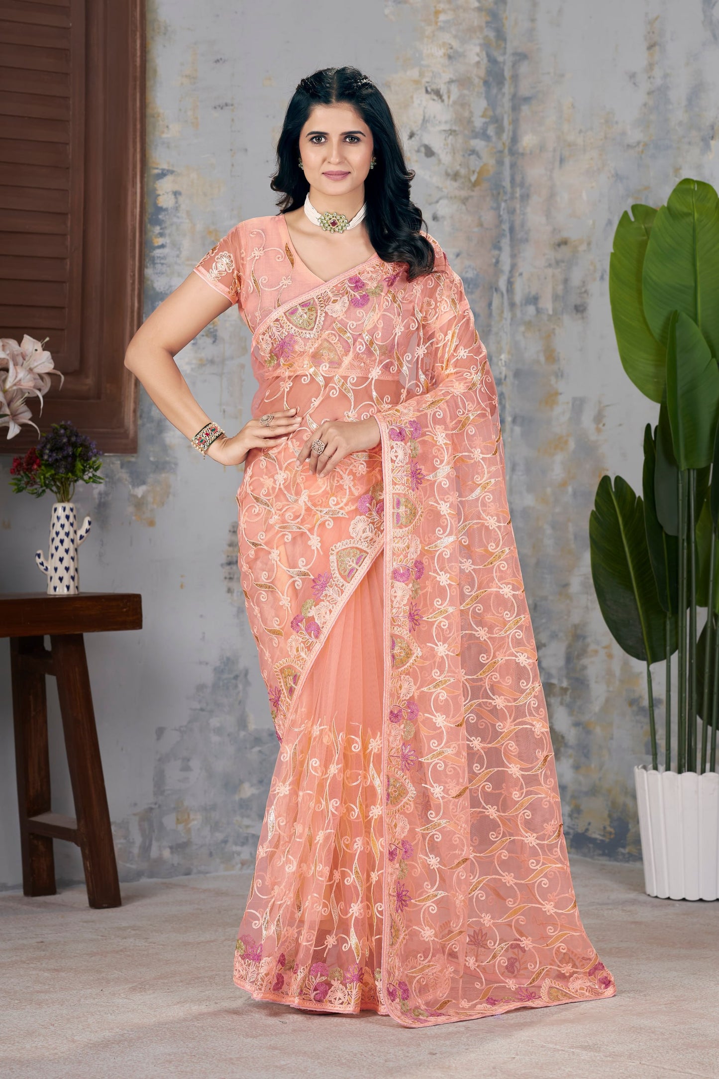 Butterfly Net Graceful Embroidery Work Partywear Saree