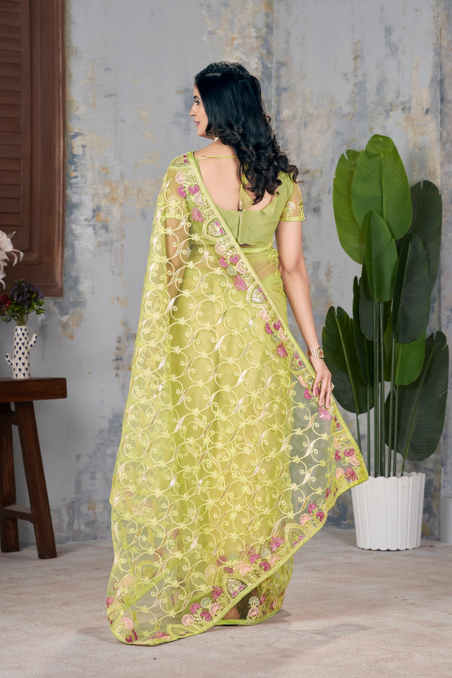 Butterfly Net Graceful Embroidery Work Partywear Saree
