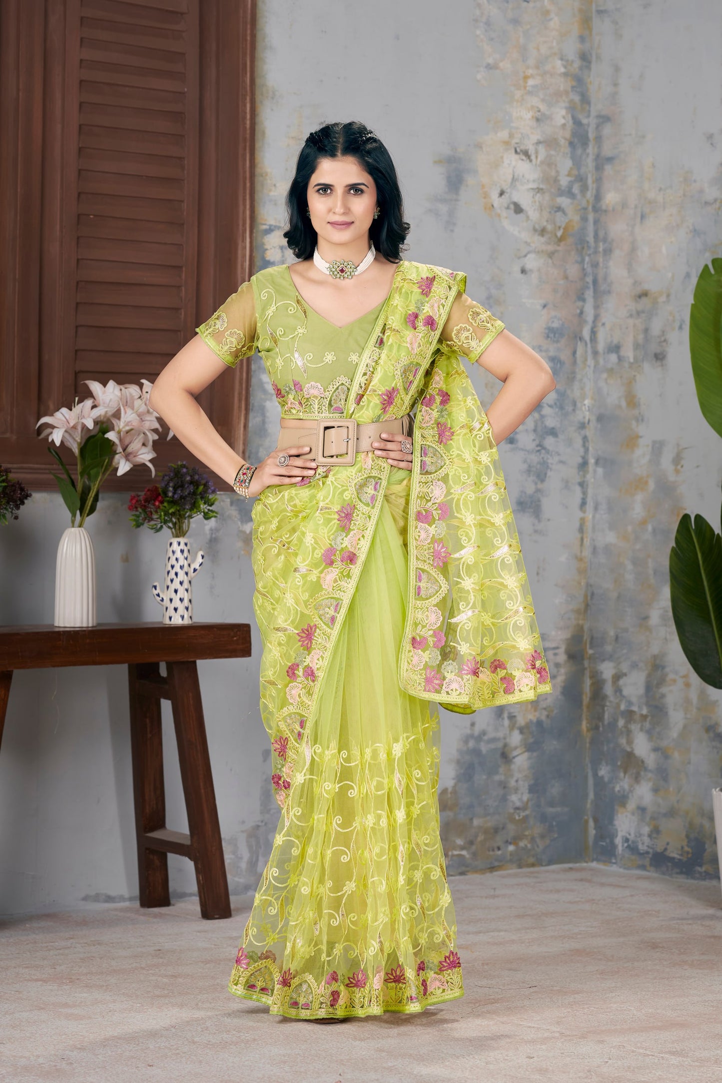 Butterfly Net Graceful Embroidery Work Partywear Saree