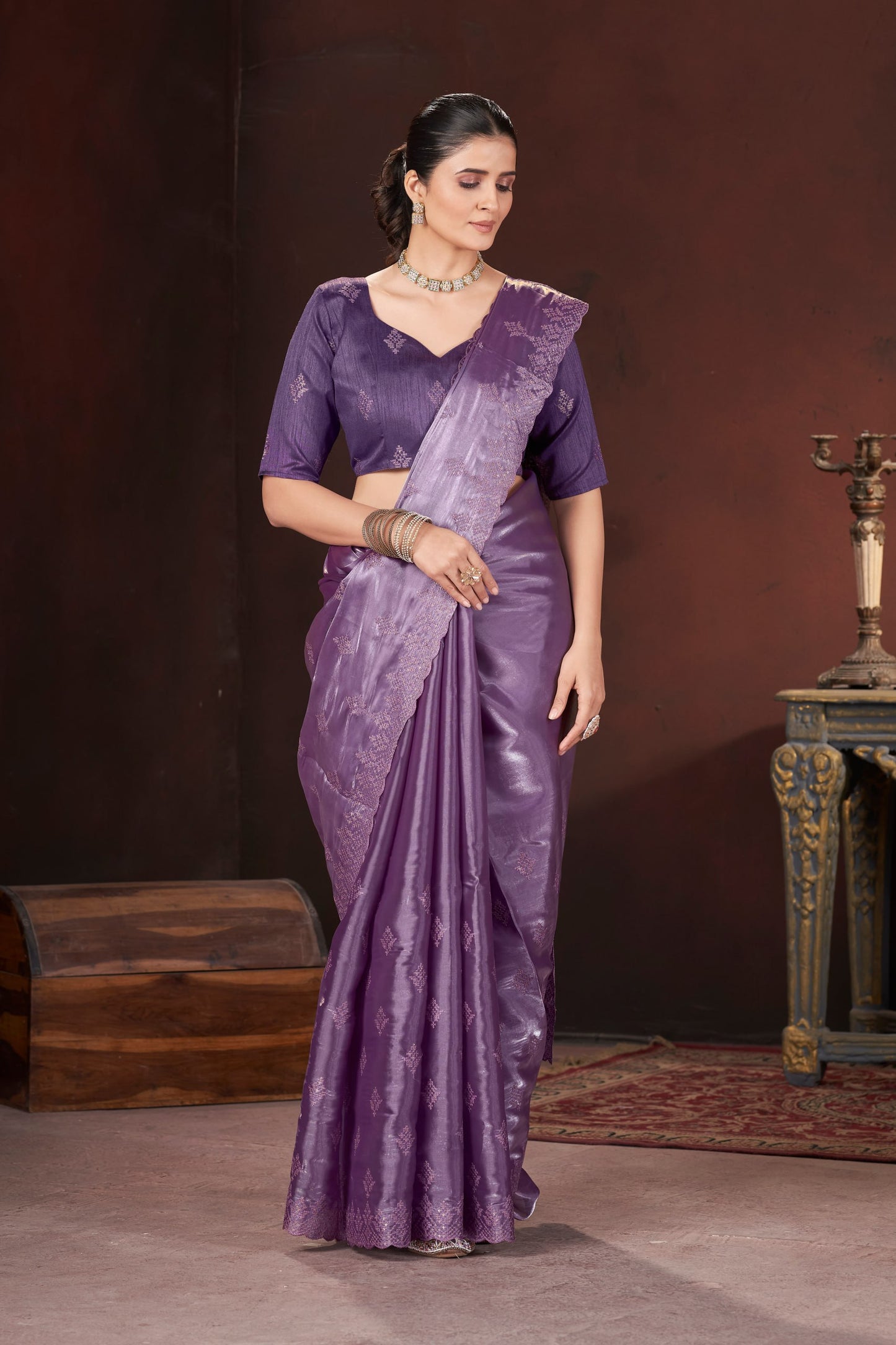 Lavender Silk Saree With Sequins Embroidery Work