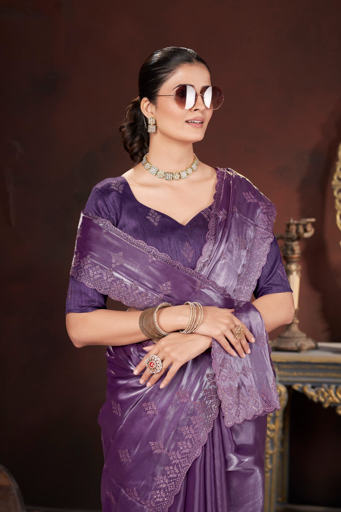 Lavender Silk Saree With Sequins Embroidery Work