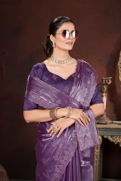 Lavender Silk Saree With Sequins Embroidery Work