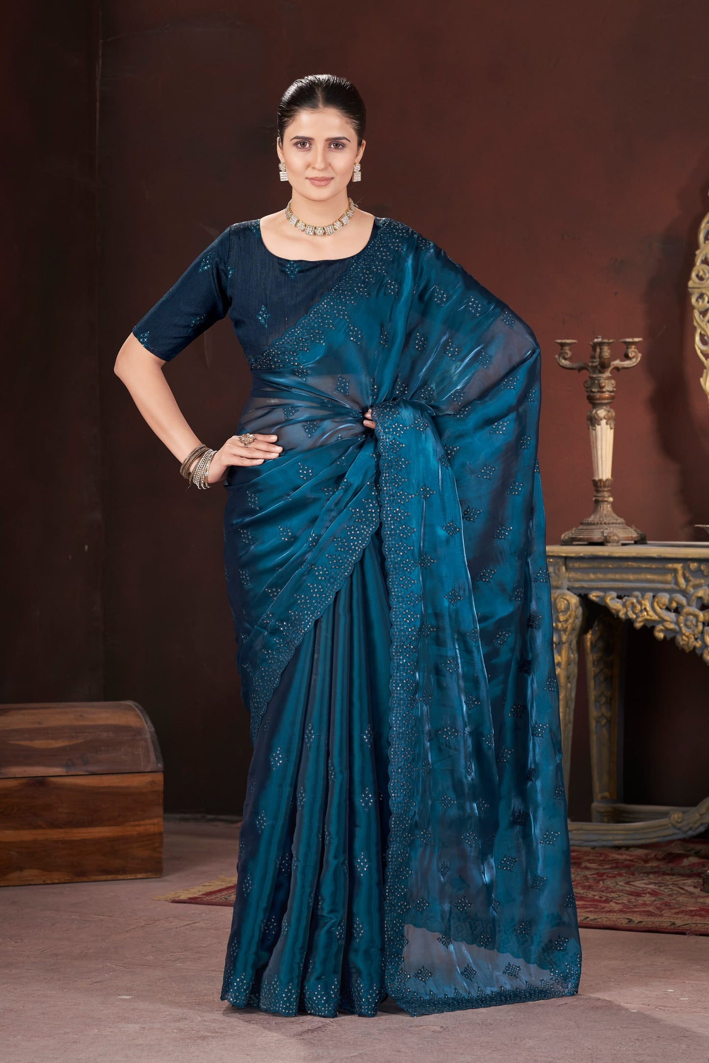 Lavender Silk Saree With Sequins Embroidery Work
