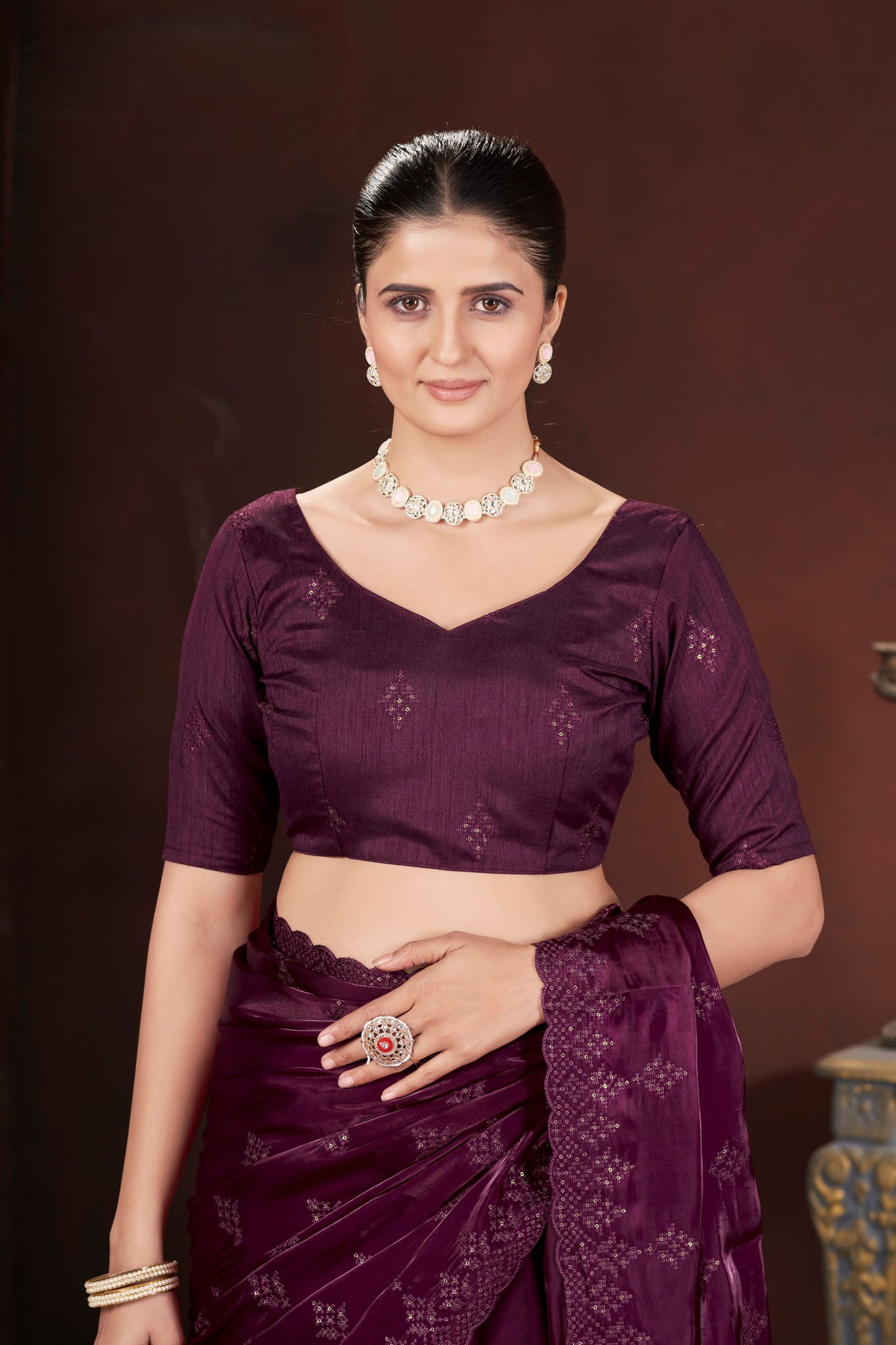 Lavender Silk Saree With Sequins Embroidery Work