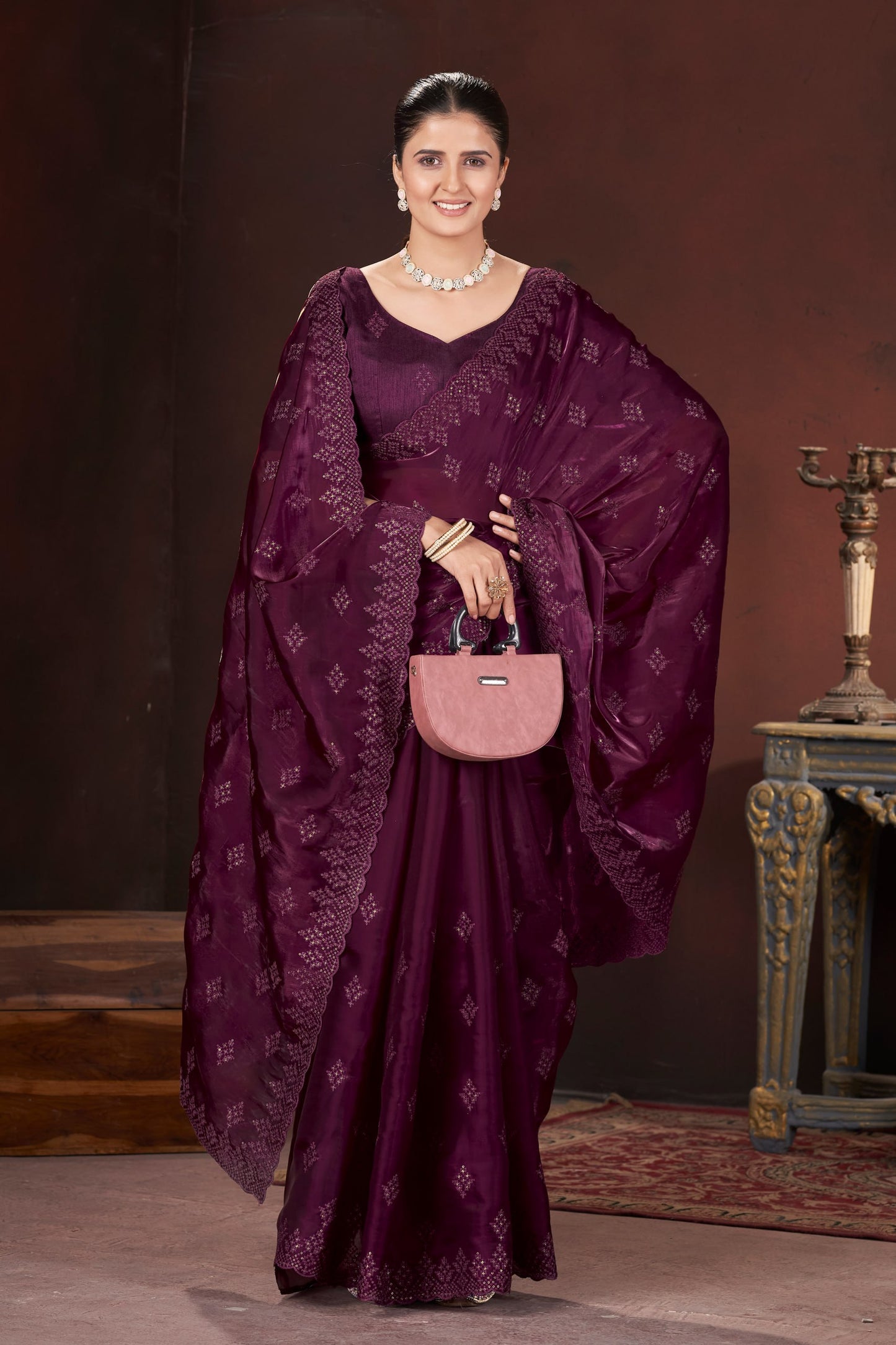 Lavender Silk Saree With Sequins Embroidery Work