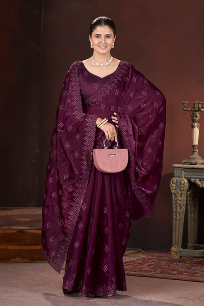 Lavender Silk Saree With Sequins Embroidery Work
