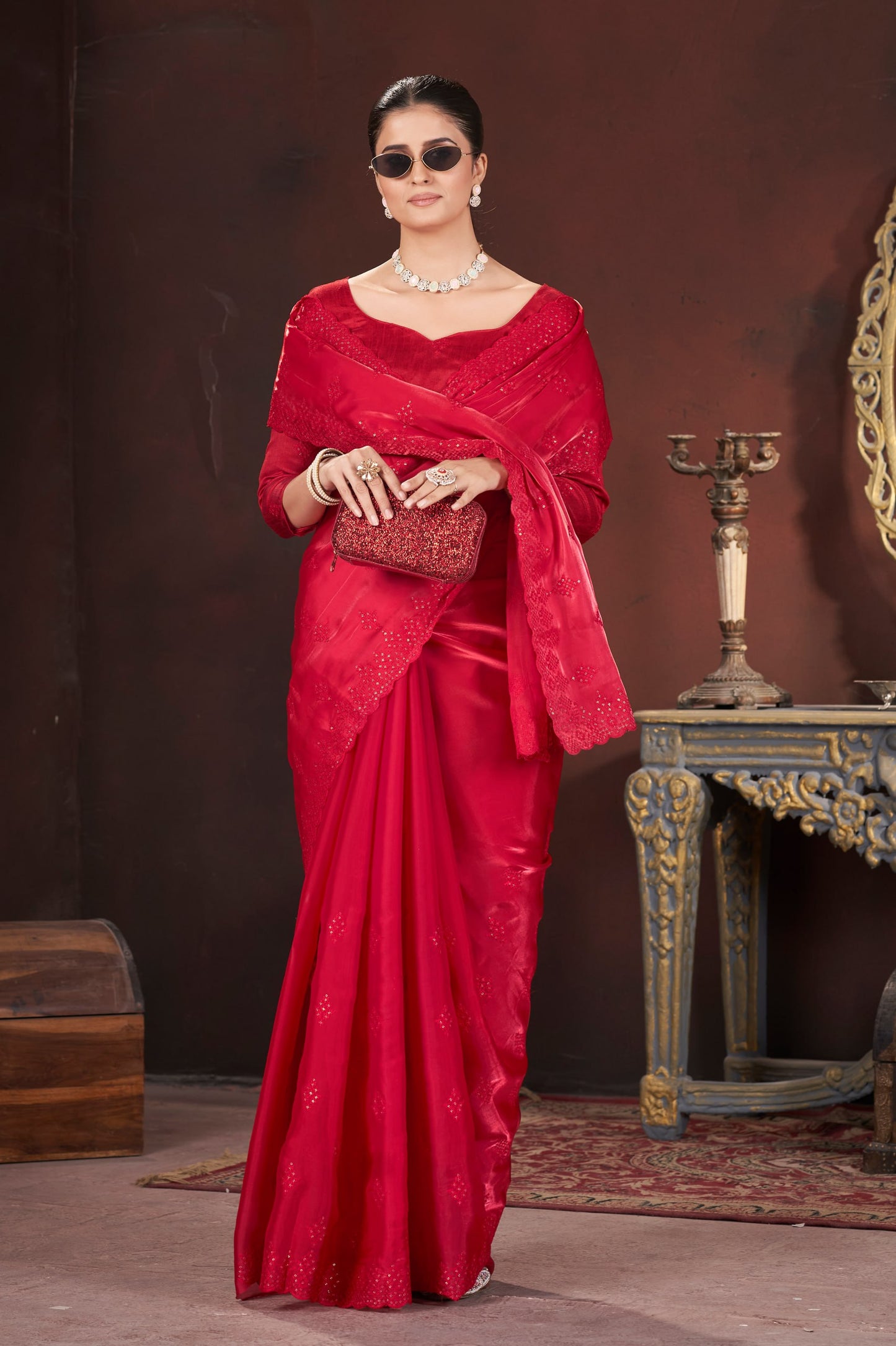 Lavender Silk Saree With Sequins Embroidery Work