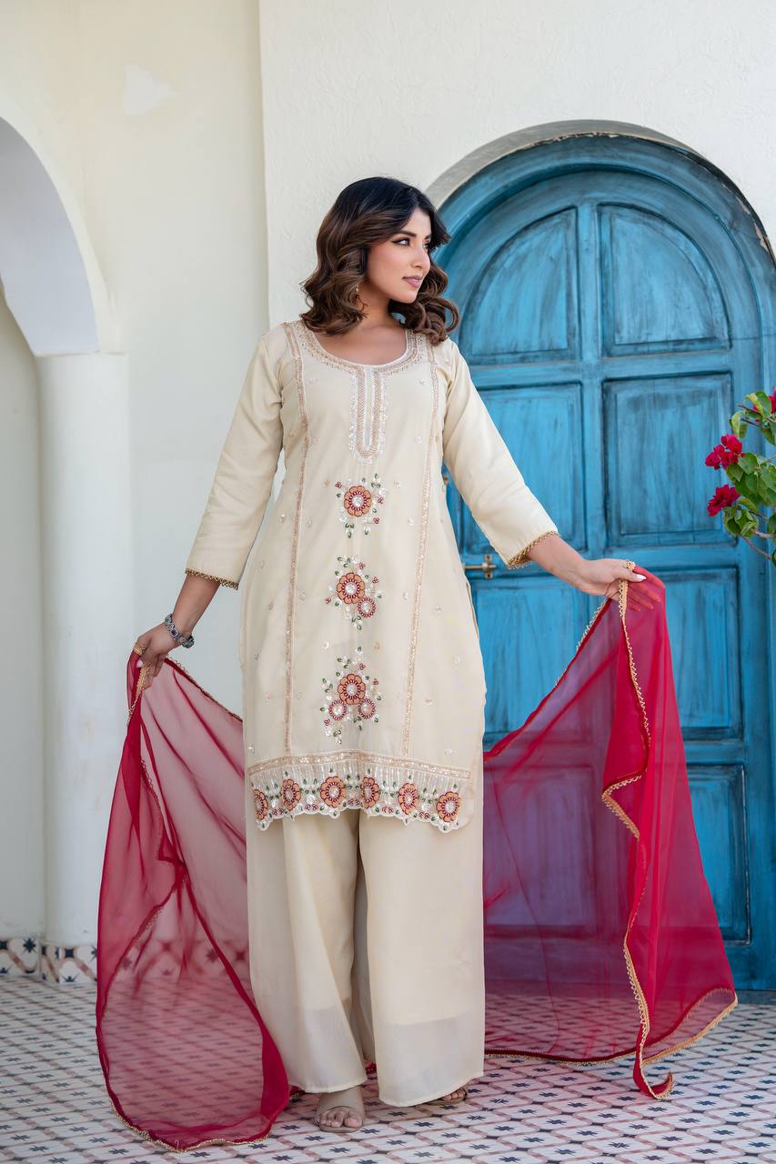 Women’s Cream Embroidered Kurti Palazzo Set with Organza Dupatta | Festive Ethnic