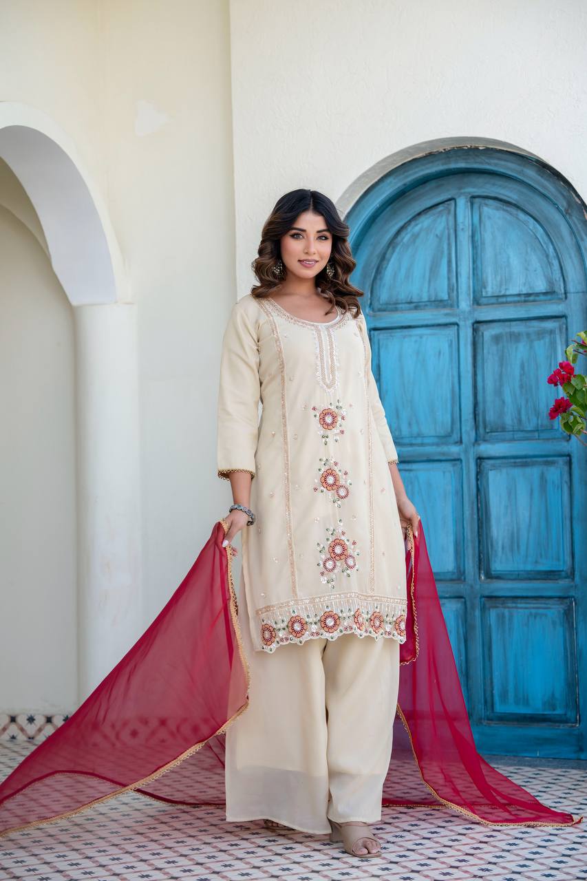 Women’s Cream Embroidered Kurti Palazzo Set with Organza Dupatta | Festive Ethnic