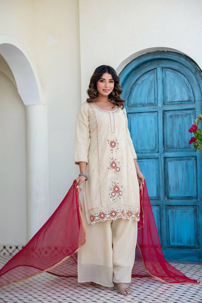Women’s Cream Embroidered Kurti Palazzo Set with Organza Dupatta | Festive Ethnic