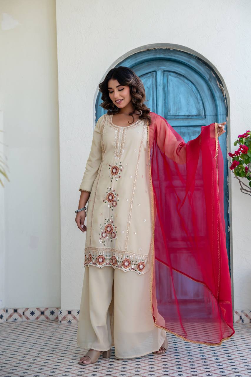 Women’s Cream Embroidered Kurti Palazzo Set with Organza Dupatta | Festive Ethnic