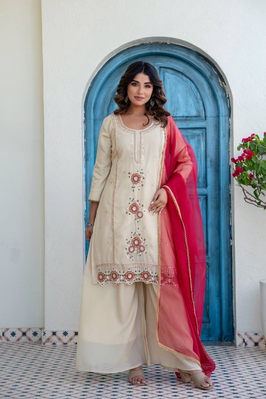 Women’s Cream Embroidered Kurti Palazzo Set with Organza Dupatta | Festive Ethnic