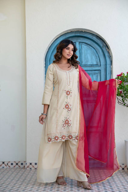 Women’s Cream Embroidered Kurti Palazzo Set with Organza Dupatta | Festive Ethnic