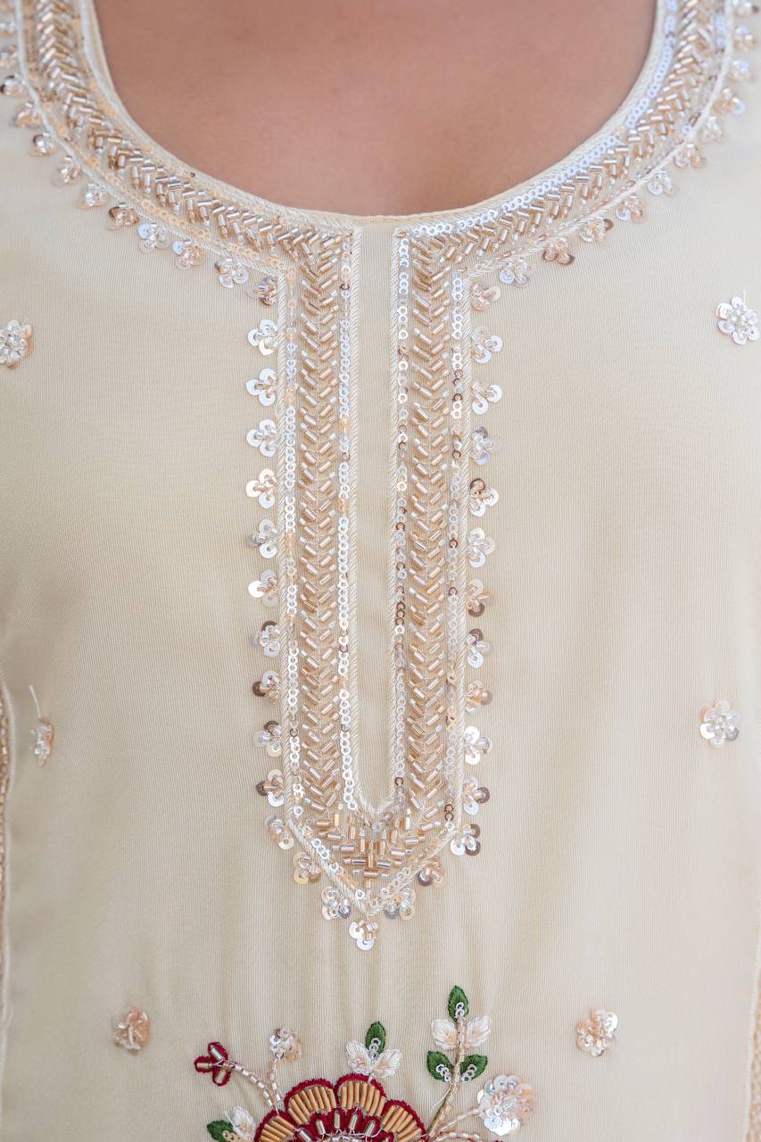 Women’s Cream Embroidered Kurti Palazzo Set with Organza Dupatta | Festive Ethnic