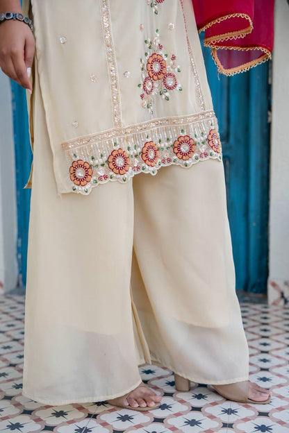 Women’s Cream Embroidered Kurti Palazzo Set with Organza Dupatta | Festive Ethnic