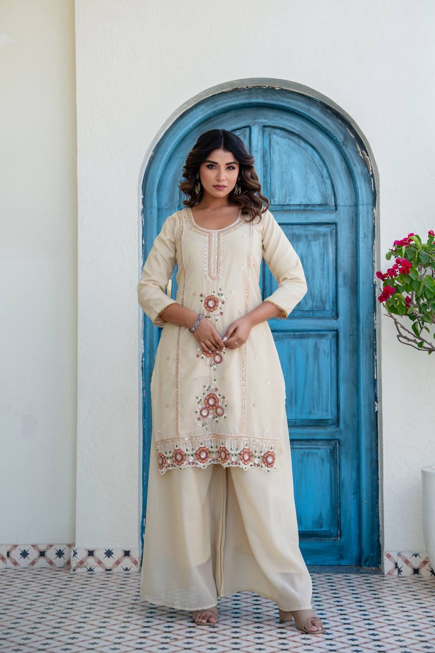 Women’s Cream Embroidered Kurti Palazzo Set with Organza Dupatta | Festive Ethnic