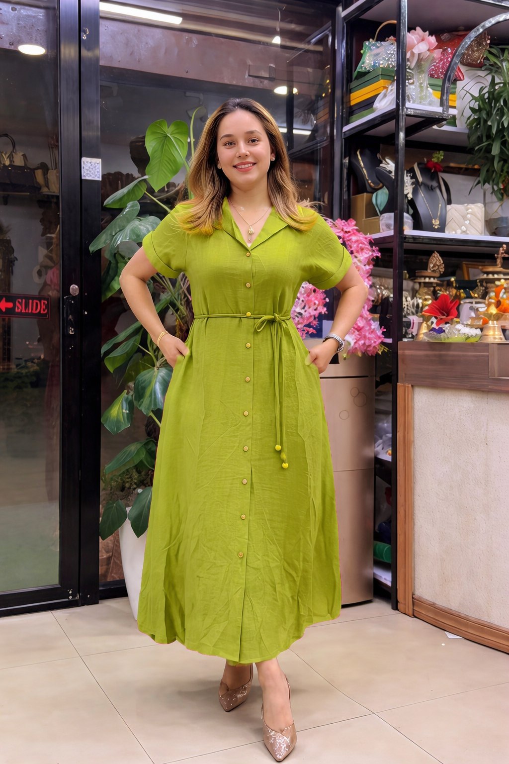 Designer Rayon Dress (Green & Orange)
