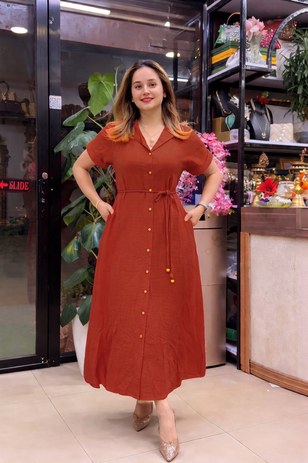 Designer Rayon Dress (Green & Orange)