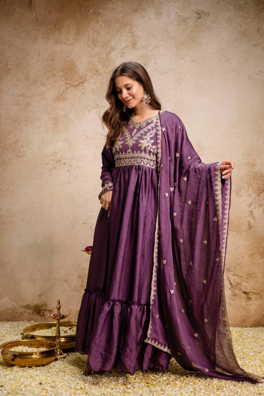 Women’s Designer Rangoli Crush Embroidered Gown with Dupatta | Party Wear Anarkali Gown Set