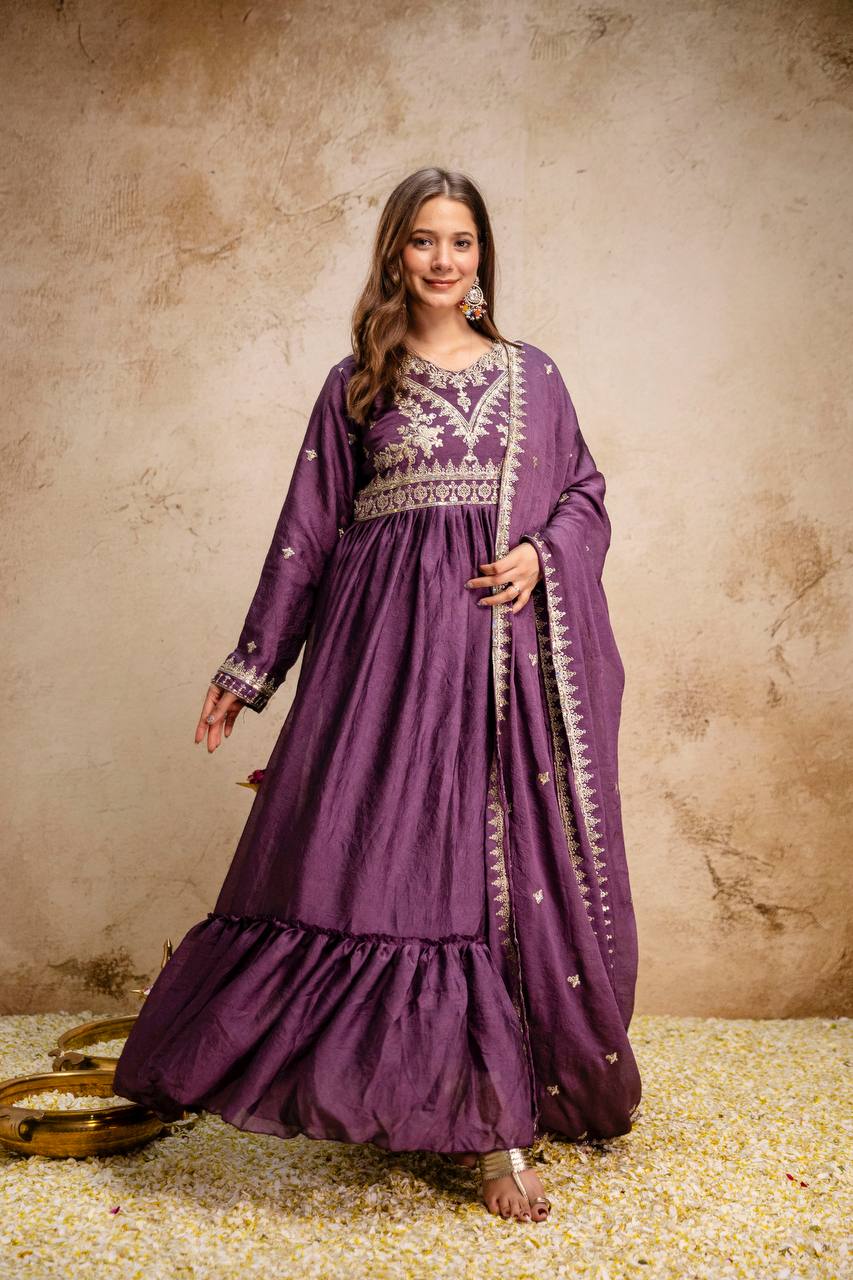 Women’s Designer Rangoli Crush Embroidered Gown with Dupatta | Party Wear Anarkali Gown Set