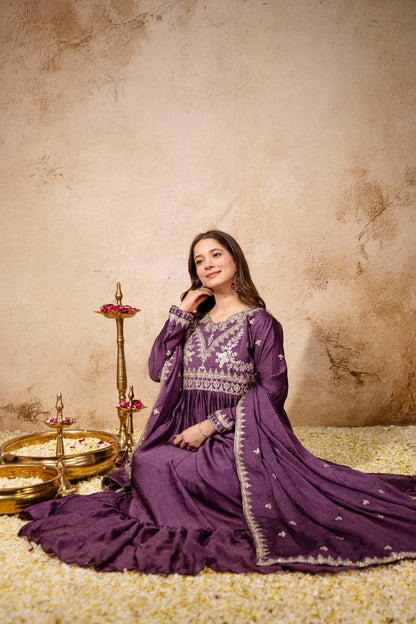 Women’s Designer Rangoli Crush Embroidered Gown with Dupatta | Party Wear Anarkali Gown Set