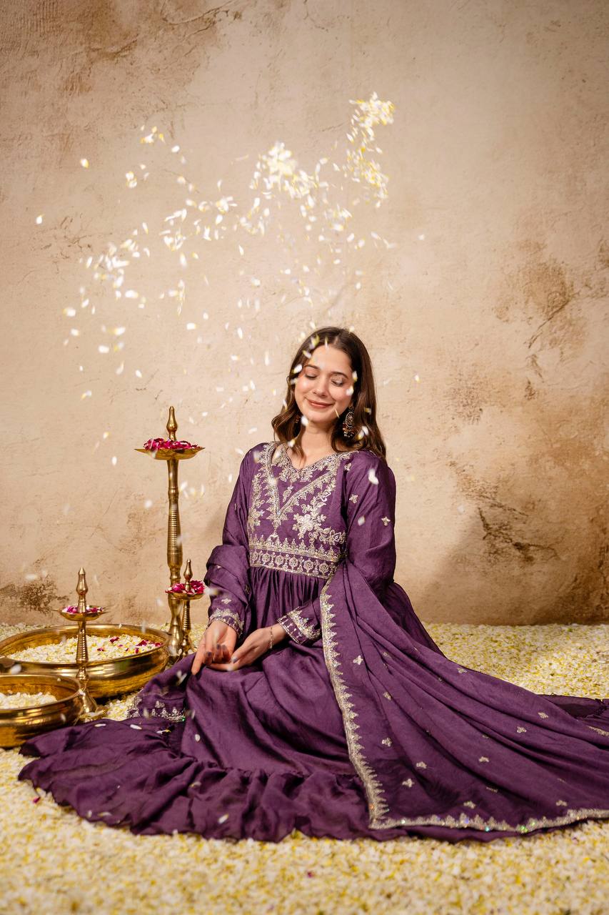 Women’s Designer Rangoli Crush Embroidered Gown with Dupatta | Party Wear Anarkali Gown Set