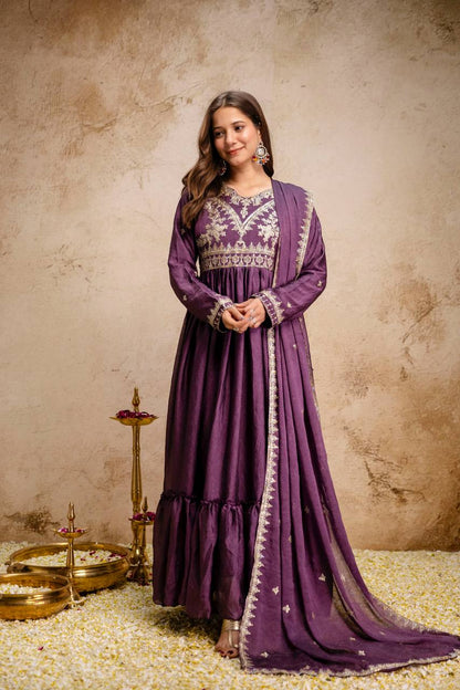 Women’s Designer Rangoli Crush Embroidered Gown with Dupatta | Party Wear Anarkali Gown Set