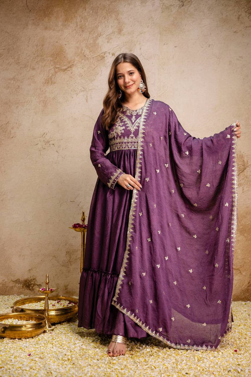 Women’s Designer Rangoli Crush Embroidered Gown with Dupatta | Party Wear Anarkali Gown Set