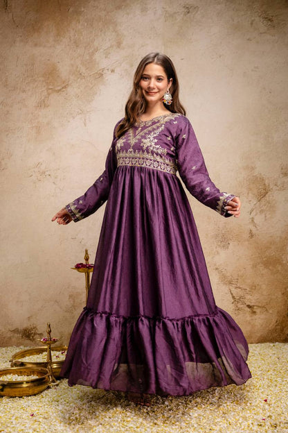 Women’s Designer Rangoli Crush Embroidered Gown with Dupatta | Party Wear Anarkali Gown Set