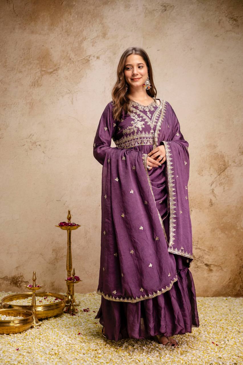 Women’s Designer Rangoli Crush Embroidered Gown with Dupatta | Party Wear Anarkali Gown Set