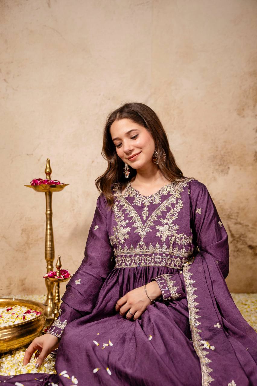 Women’s Designer Rangoli Crush Embroidered Gown with Dupatta | Party Wear Anarkali Gown Set